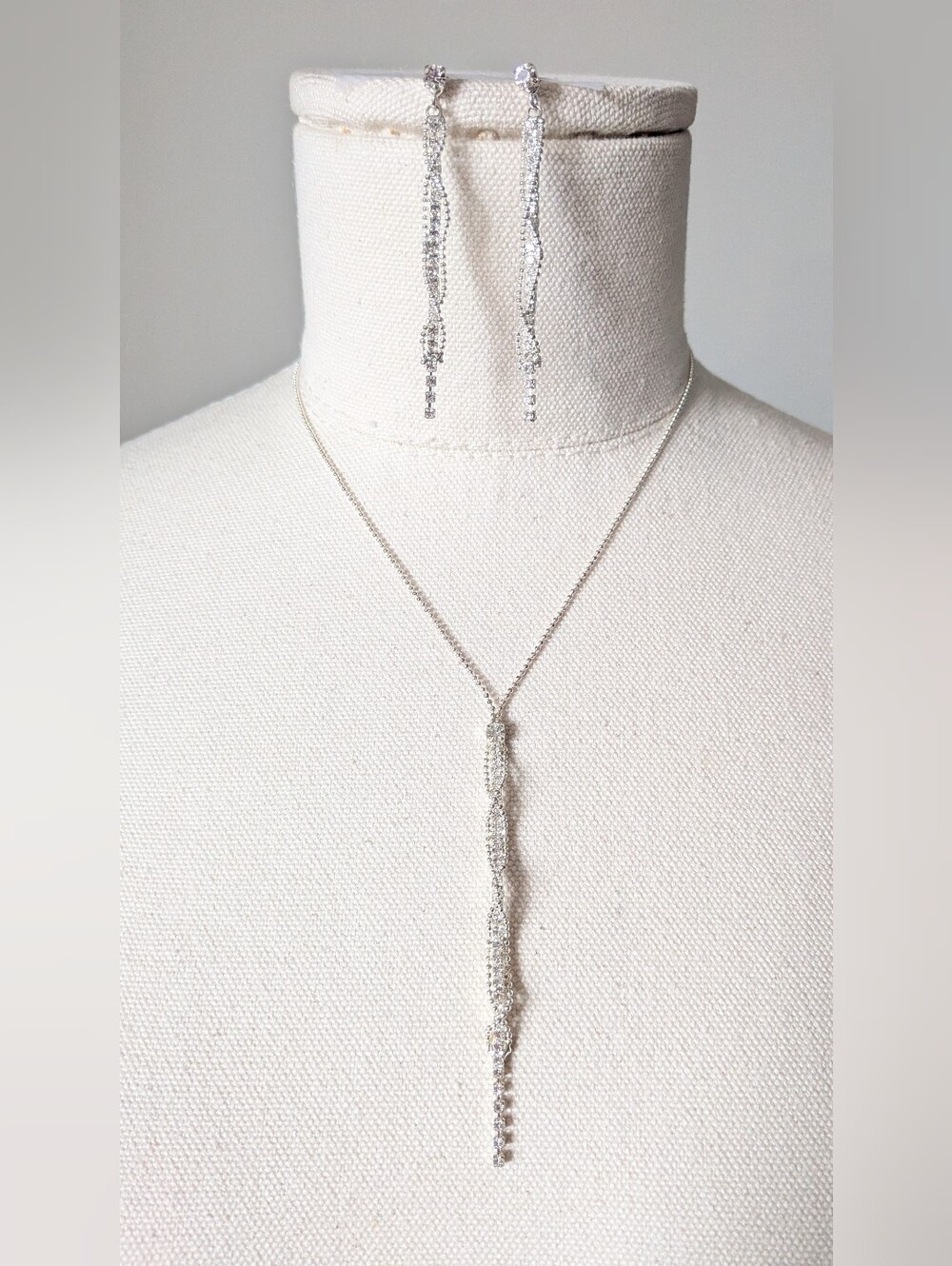 Bridal Rhinestone Silver Crystal Lariat Necklace Earring Set